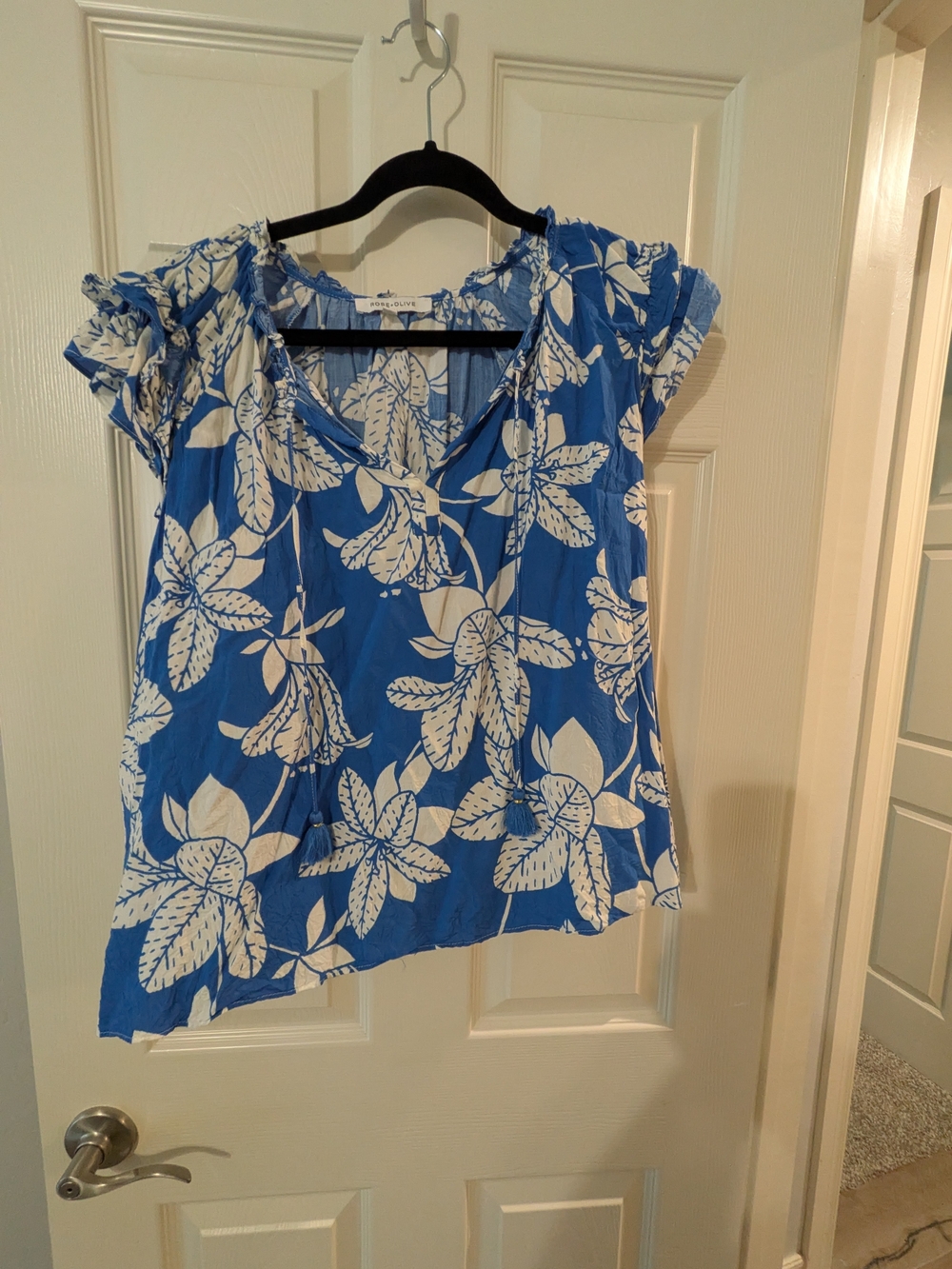 Rose & Olive Blue and White Floral Peasant Blouse